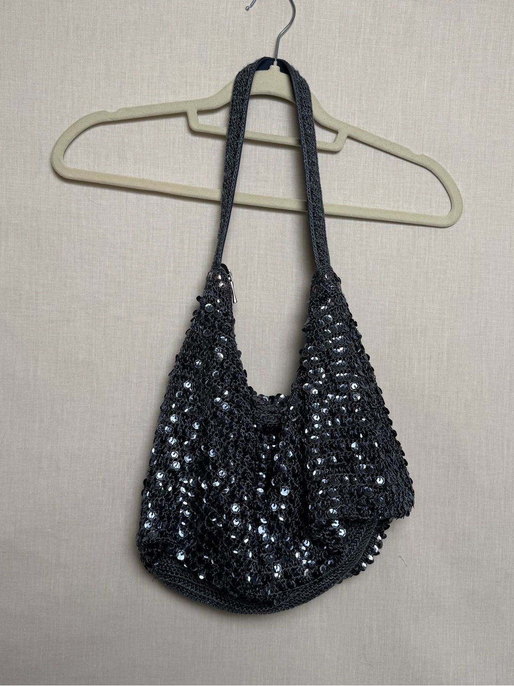 Y2K Style Sequin Crochet Hobo Bag Gray Silver Shoulder Purse Zip Lined